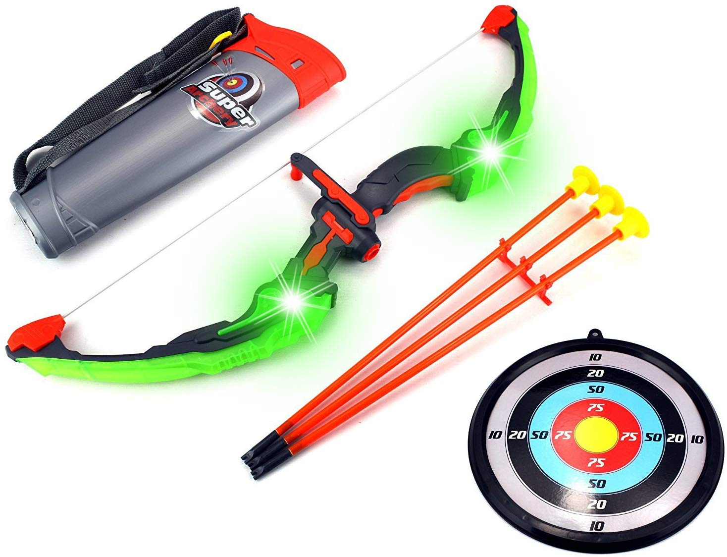 Light Up Night Warrior Bow & Arrow Children’s Kid’s Toy Bow and Arrow Dart Playset Suction Dart Arrows, Holder, Target 10