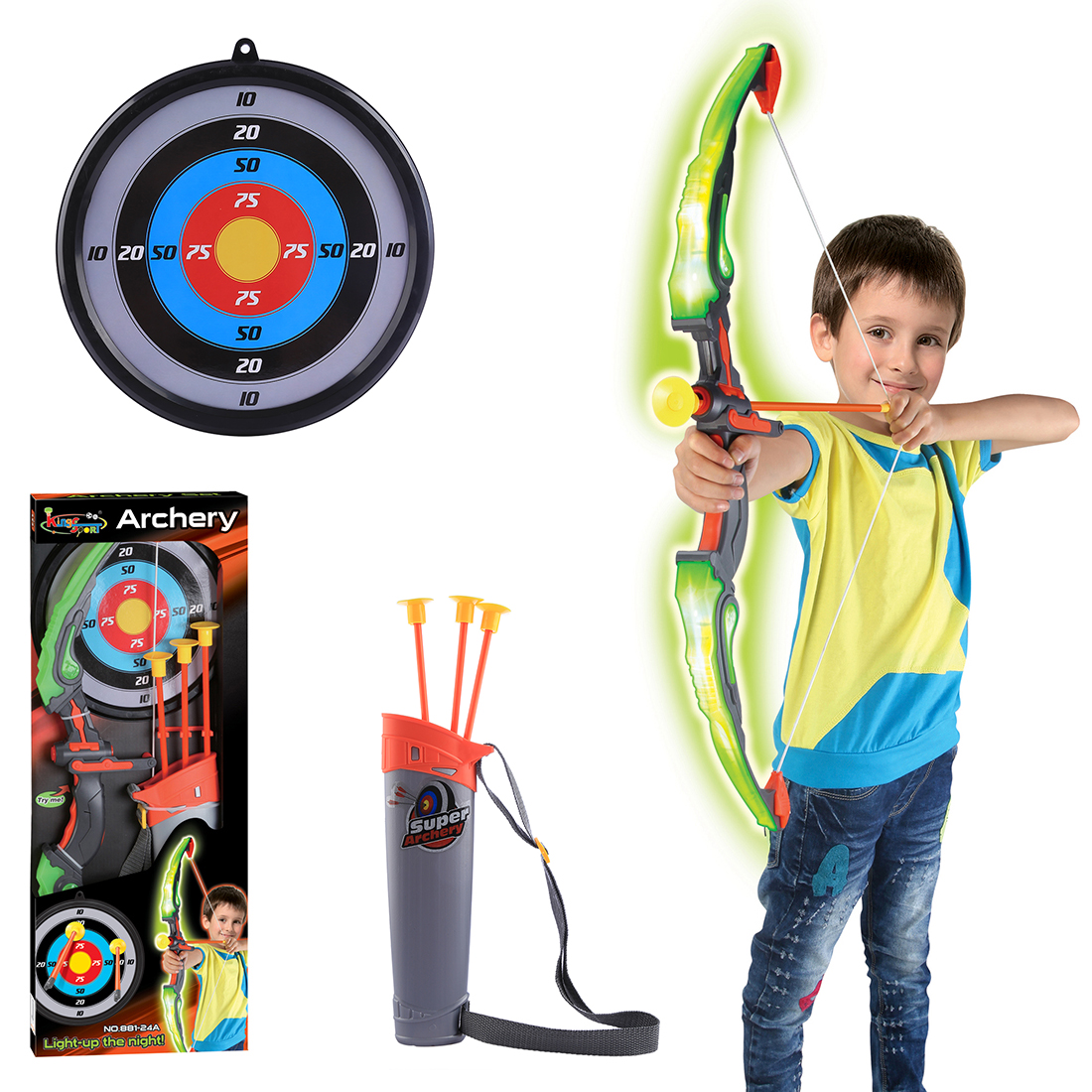 Light Up Night Warrior Bow & Arrow Children’s Kid’s Toy Bow and Arrow Dart Playset Suction Dart Arrows, Holder, Target 2