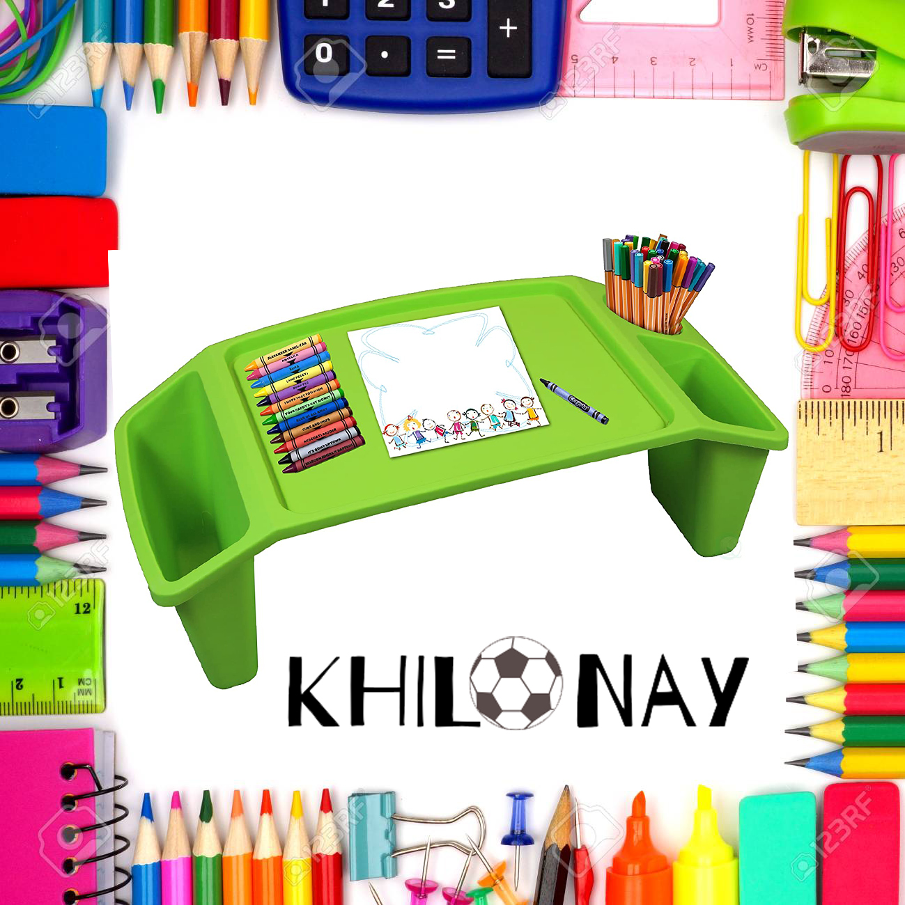 Back to School school supplies square frame against a white background