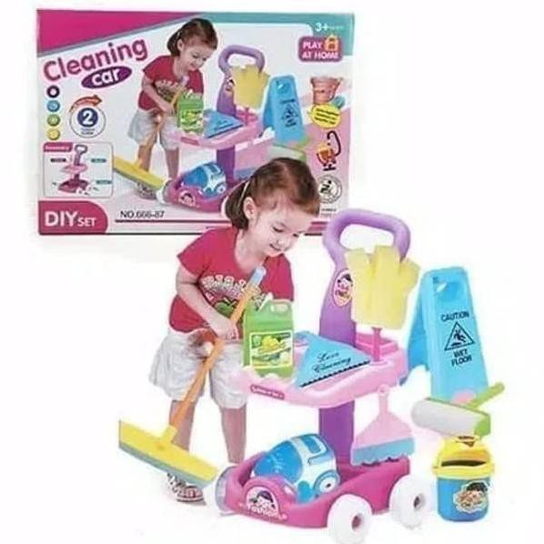 Mini Cleaning Trolley Cart Pretend Play Set For Kids with Accessories